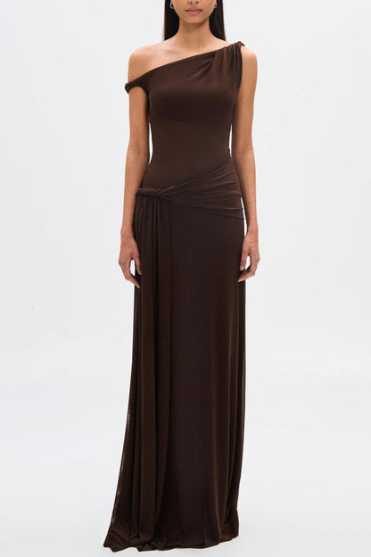 Eranda Draped Mesh Maxi Dress with Off-Shoulder Design