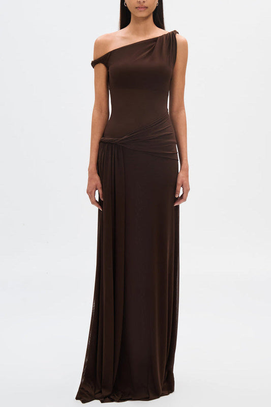 Eranda Draped Mesh Maxi Dress with Off-Shoulder Design
