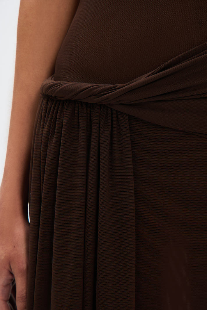 Eranda Draped Mesh Maxi Dress with Off-Shoulder Design