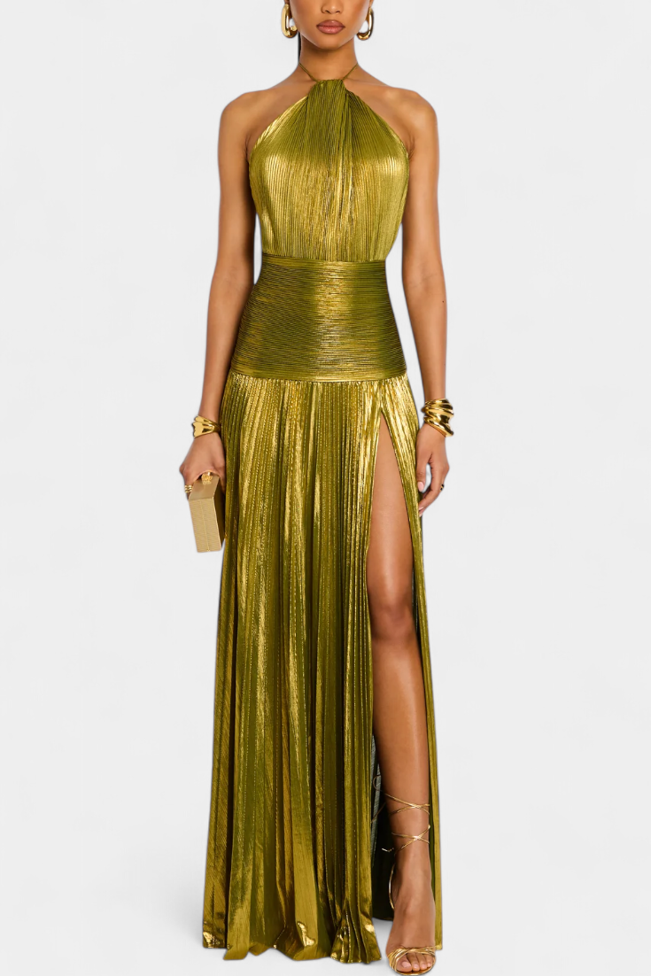 Emma Metallic Halter Dress with Open Back