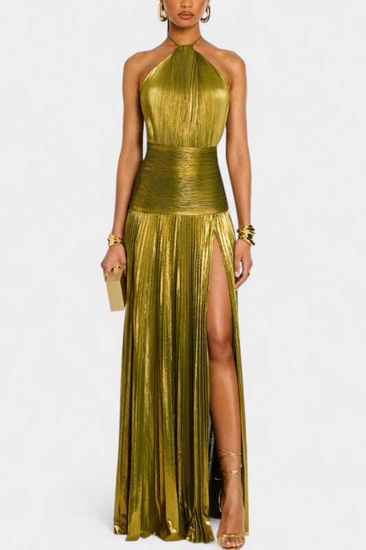 Emma Metallic Halter Dress with Open Back