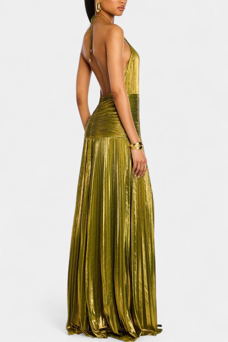 Emma Metallic Halter Dress with Open Back