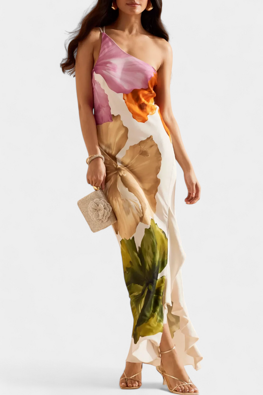 Elegant Almudena Dress with Patchwork Design and Asymmetrical Neck
