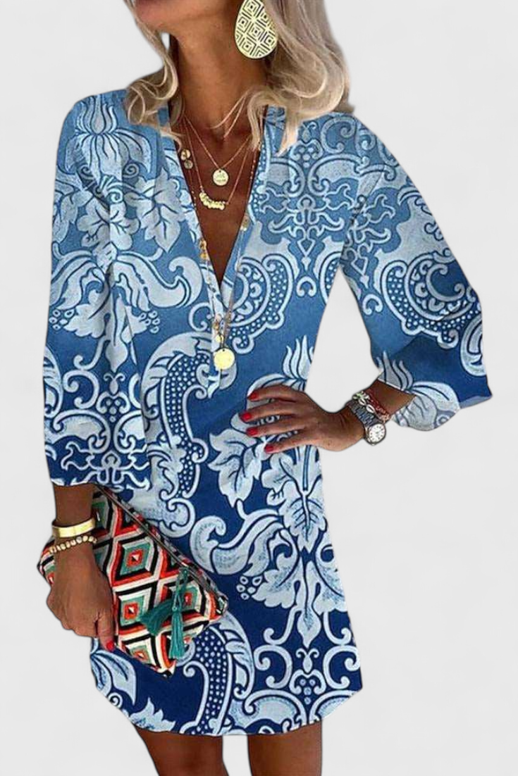 Rufina Blue Mini Dress with V-Neckline and Long Sleeves