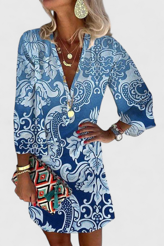 Rufina Blue Mini Dress with V-Neckline and Long Sleeves
