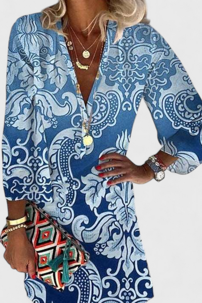 Rufina Blue Mini Dress with V-Neckline and Long Sleeves