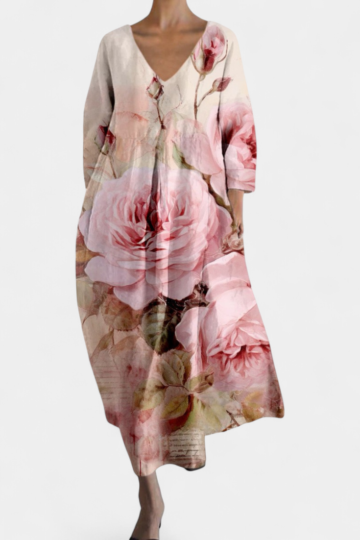 Anne Colorful Long Dress with V-Neckline