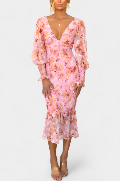Carly Long Sleeve Floral Dress with Cinched Waist