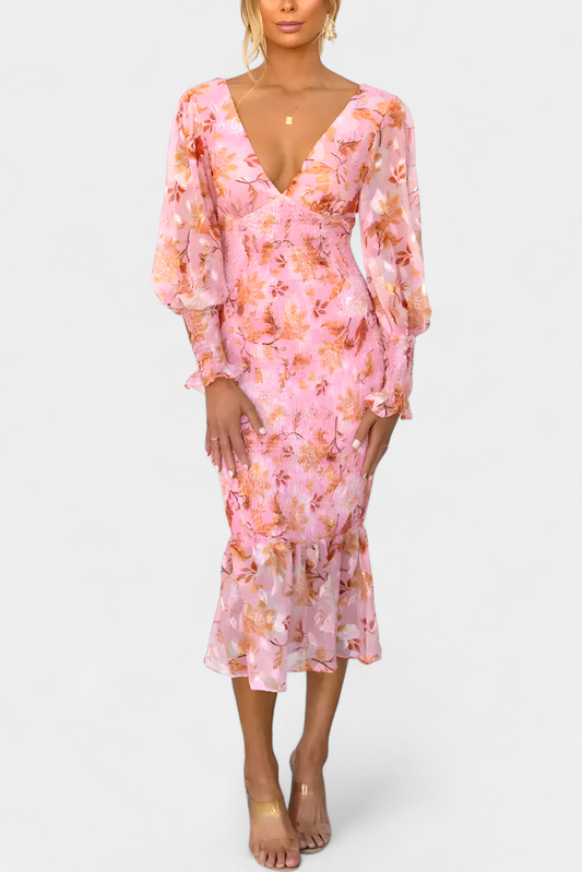 Carly Long Sleeve Floral Dress with Cinched Waist