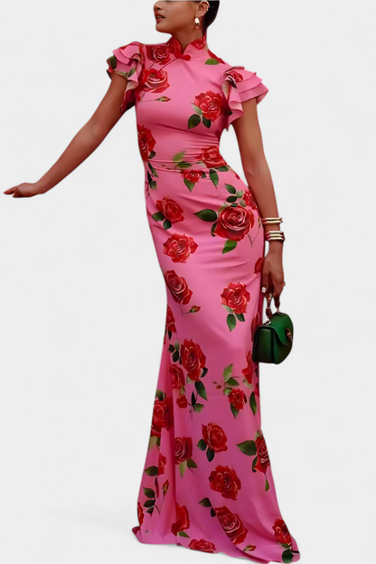 Mayra Elegant Qipao Dress with Rose Print