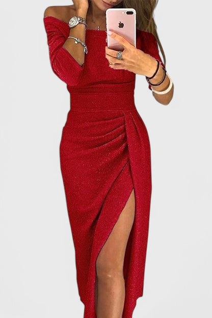 Alexa Off-the-Shoulder Satin Dress with Slit