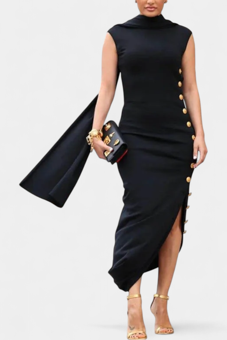 Aphrodite Asymmetrical Dress with Elegant Gold Buttons
