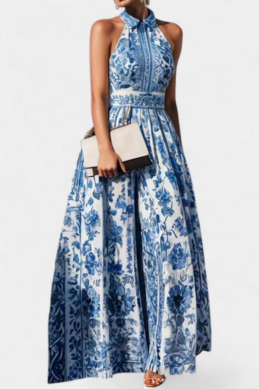 Shante Floral A-Line Dress with Turndown Collar