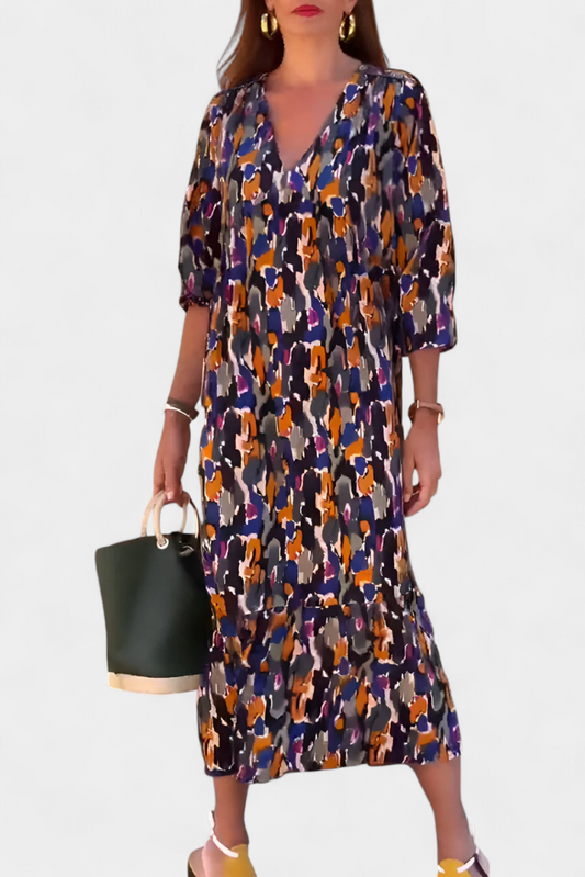Teodora Retro Dress with V-Neckline and Print