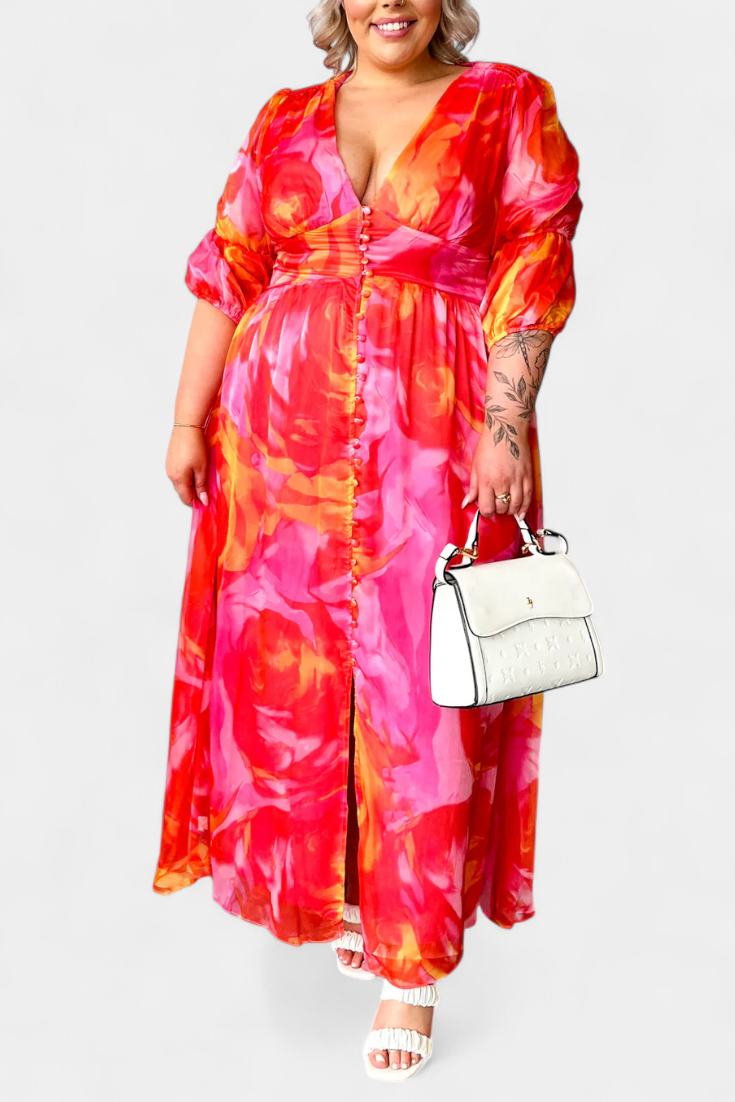Essja Maxi Dress with Puff Sleeves and V-Neckline