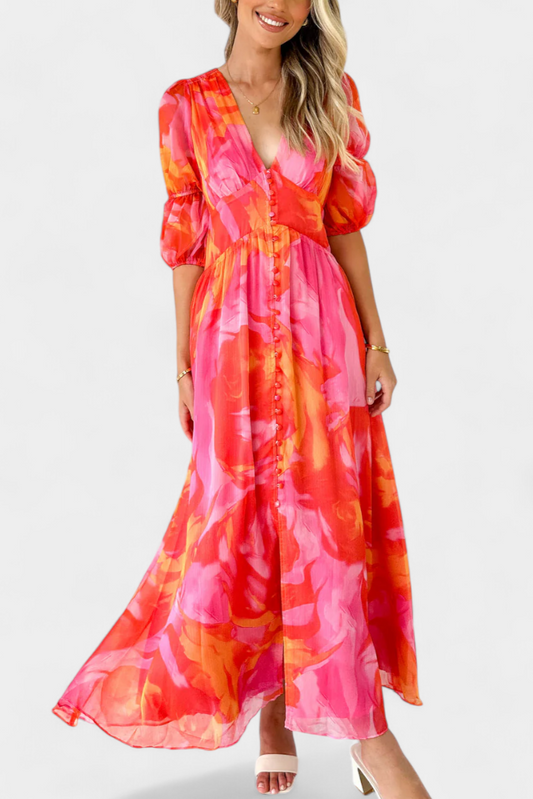 Essja Maxi Dress with Puff Sleeves and V-Neckline
