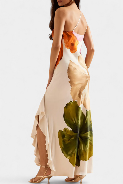 Elegant Almudena Dress with Patchwork Design and Asymmetrical Neck