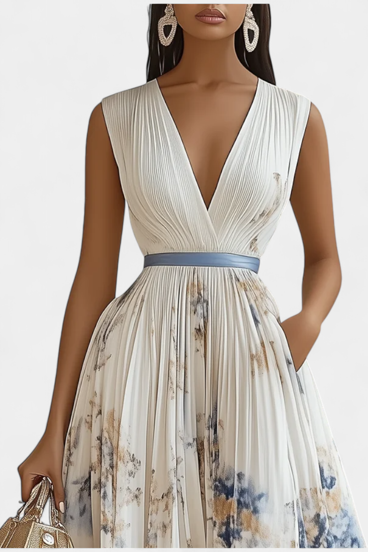 Elise Sleeveless Midi Dress with Floral Print and Pleated Details