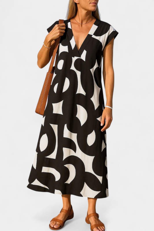 Asela Casual Dress with V-Neckline and Various Prints