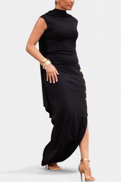Aphrodite Asymmetrical Dress with Elegant Gold Buttons