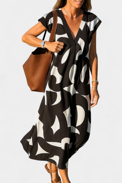 Asela Casual Dress with V-Neckline and Various Prints