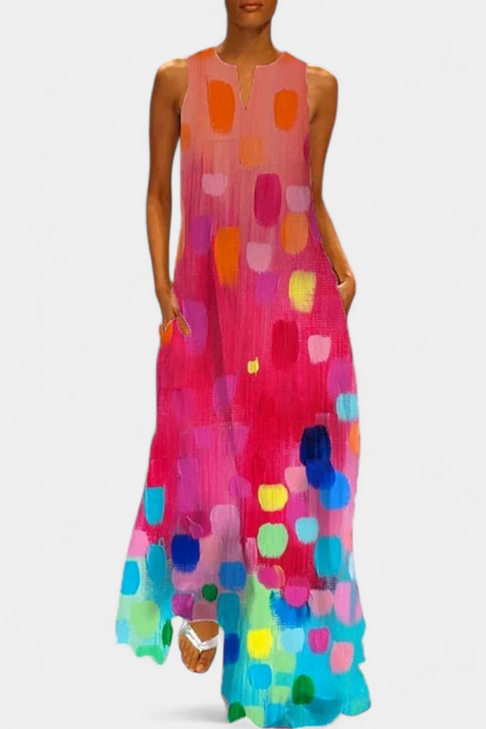 Colorful Sleeveless Dress with V-Neckline