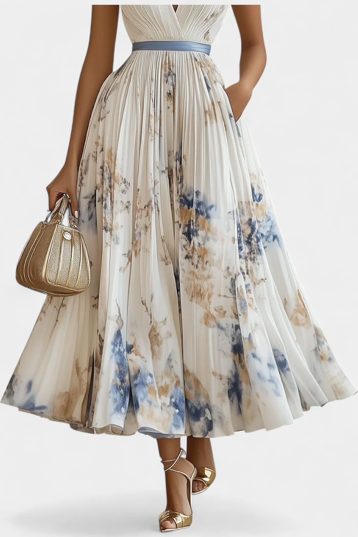 Elise Sleeveless Midi Dress with Floral Print and Pleated Details