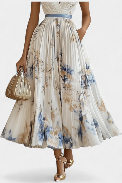 Elise Sleeveless Midi Dress with Floral Print and Pleated Details