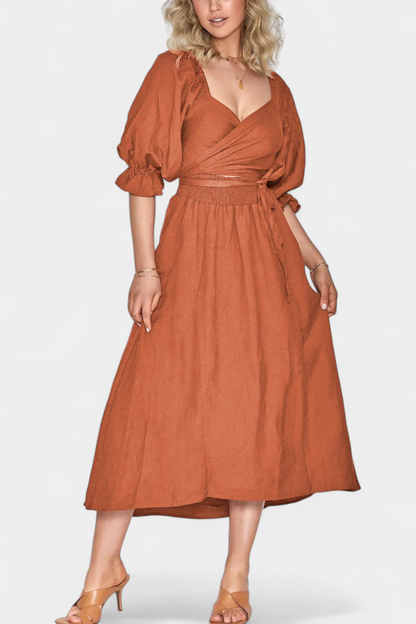 Petra Two-Tier Dress with Ruched Bodice and Puff Sleeves