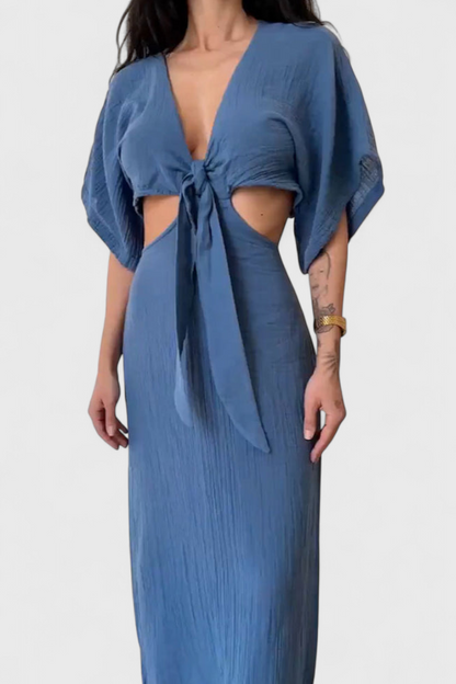 Myra Long Dress with Front Bow and Cut-Out Details