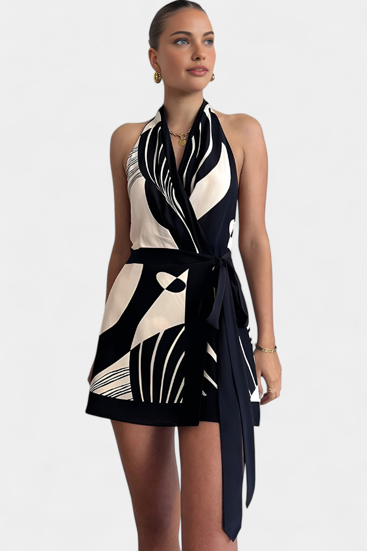 Fae Halter Short Dress with Abstract Print and Belt