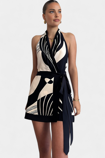 Fae Halter Short Dress with Abstract Print and Belt