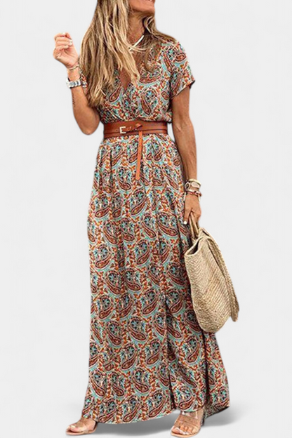 Anfisa Summer Boho Dress with Belt and V-Neckline