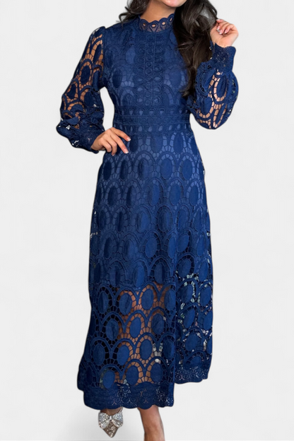 Jovie High Neck Embroidered Lace Midi Dress
