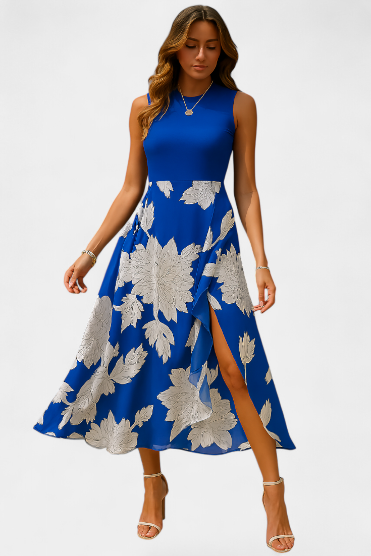 Raquel Dress: Knit Top and Floral Skirt with Slit