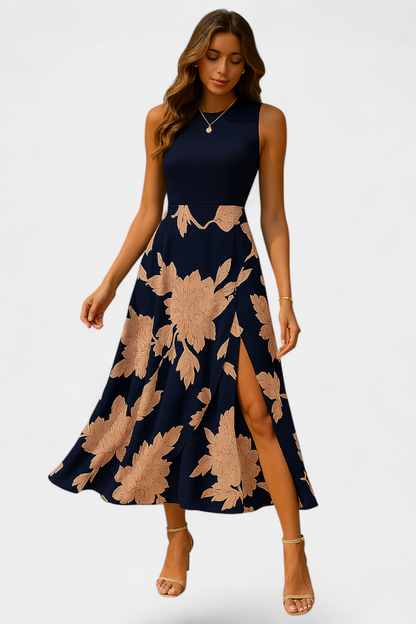 Raquel Dress: Knit Top and Floral Skirt with Slit
