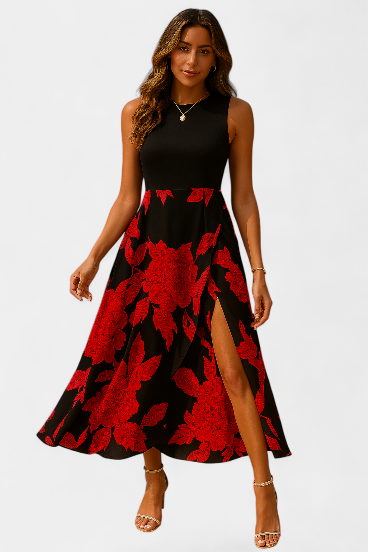 Raquel Dress: Knit Top and Floral Skirt with Slit
