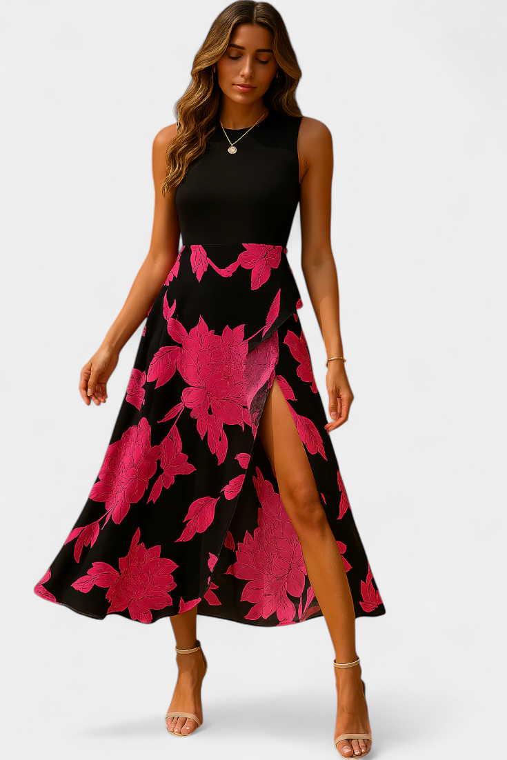 Raquel Dress: Knit Top and Floral Skirt with Slit
