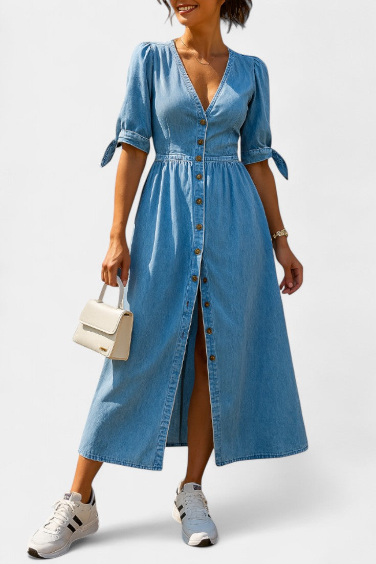 Adelina Button-Down Denim Midi Dress with V-Neckline