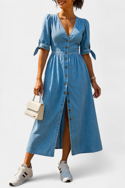 Adelina Button-Down Denim Midi Dress with V-Neckline