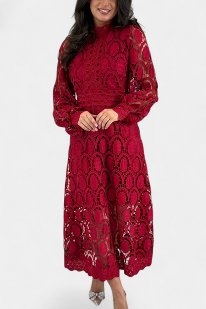Jovie High Neck Embroidered Lace Midi Dress