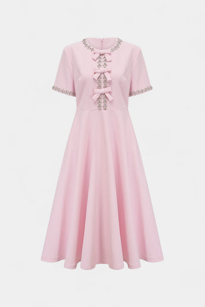 Linda Vestido Midi Acampanado con Cinturón de Cristal