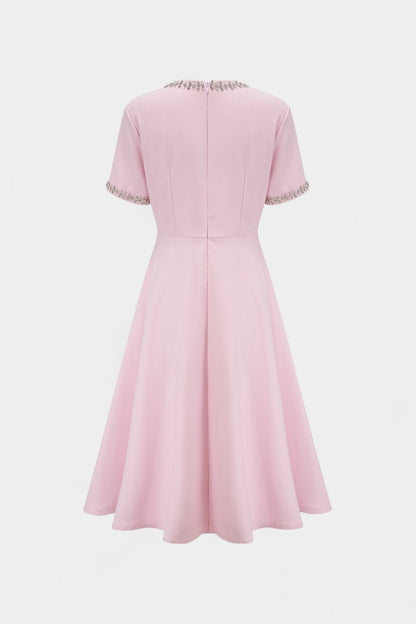 Linda Vestido Midi Acampanado con Cinturón de Cristal