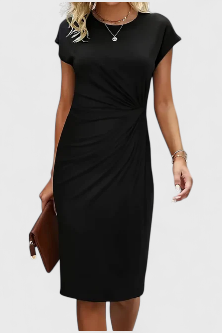 Katrina Classic Round Neck Midi Dress with Draped Detail