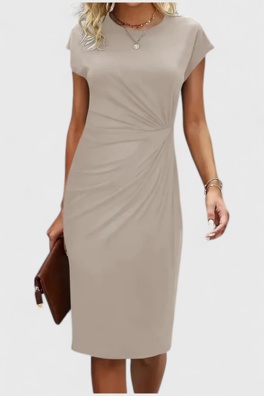 Katrina Classic Round Neck Midi Dress with Draped Detail