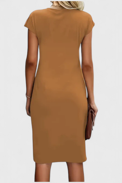 Katrina Classic Round Neck Midi Dress with Draped Detail
