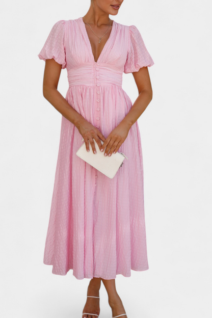 Mélia Maxi Dress with V-Neckline and Elegant Puff Sleeves
