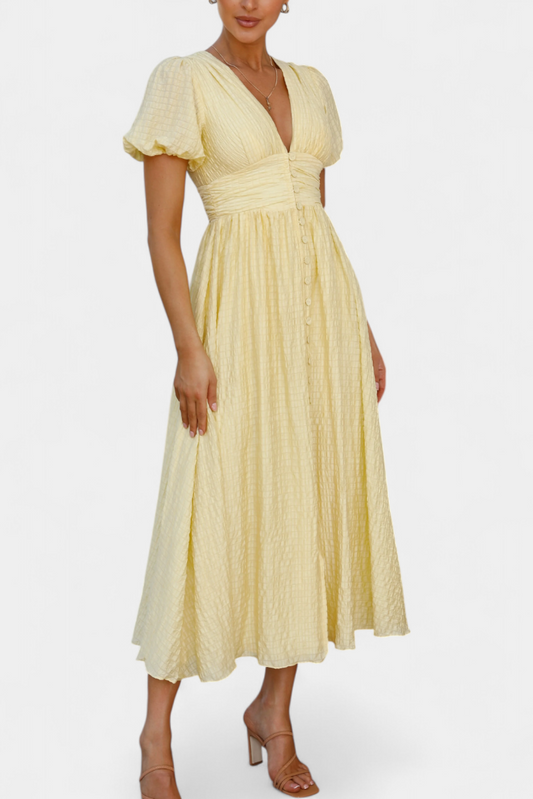 Mélia Maxi Dress with V-Neckline and Elegant Puff Sleeves