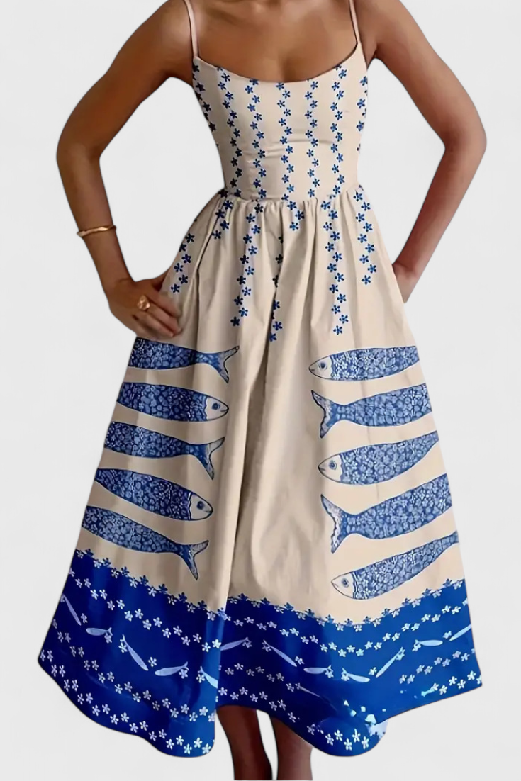 Maricela Vintage Dress with Straps and Sardine Design