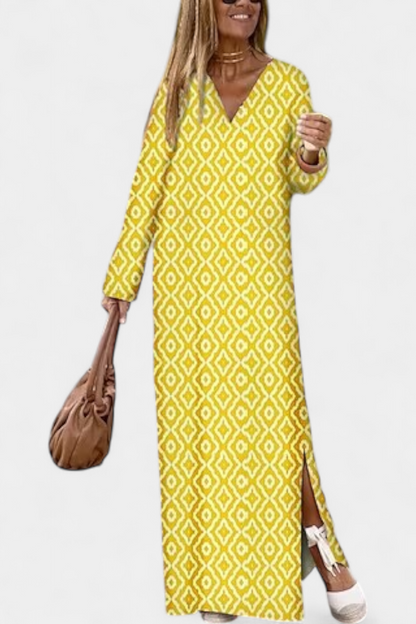 Brisa Geometric Long Dress with Slit and V-Neckline